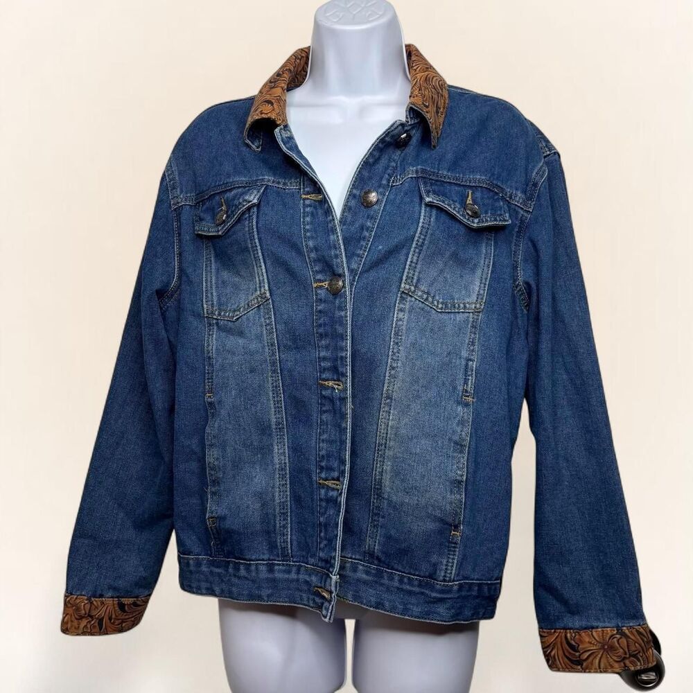 L Crazy Train Denim Jacket Tooled Leather Print Trim Western